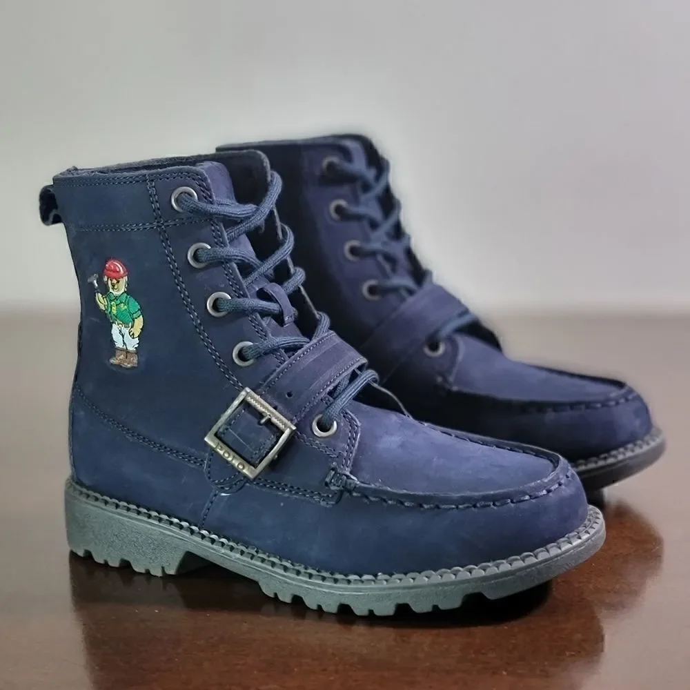 Polo Ralph Lauren Bear Ranger Leather Boots Navy Blue Black Youth Size 2 New